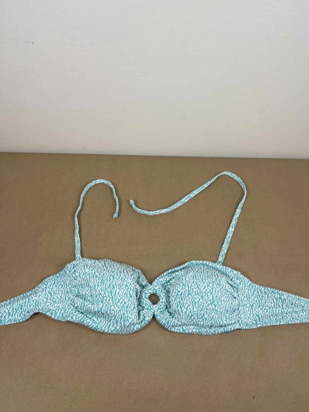 Time and Tru Bikini Top L 12-14 Aqua White Ring Bandeau Halter Swim Top